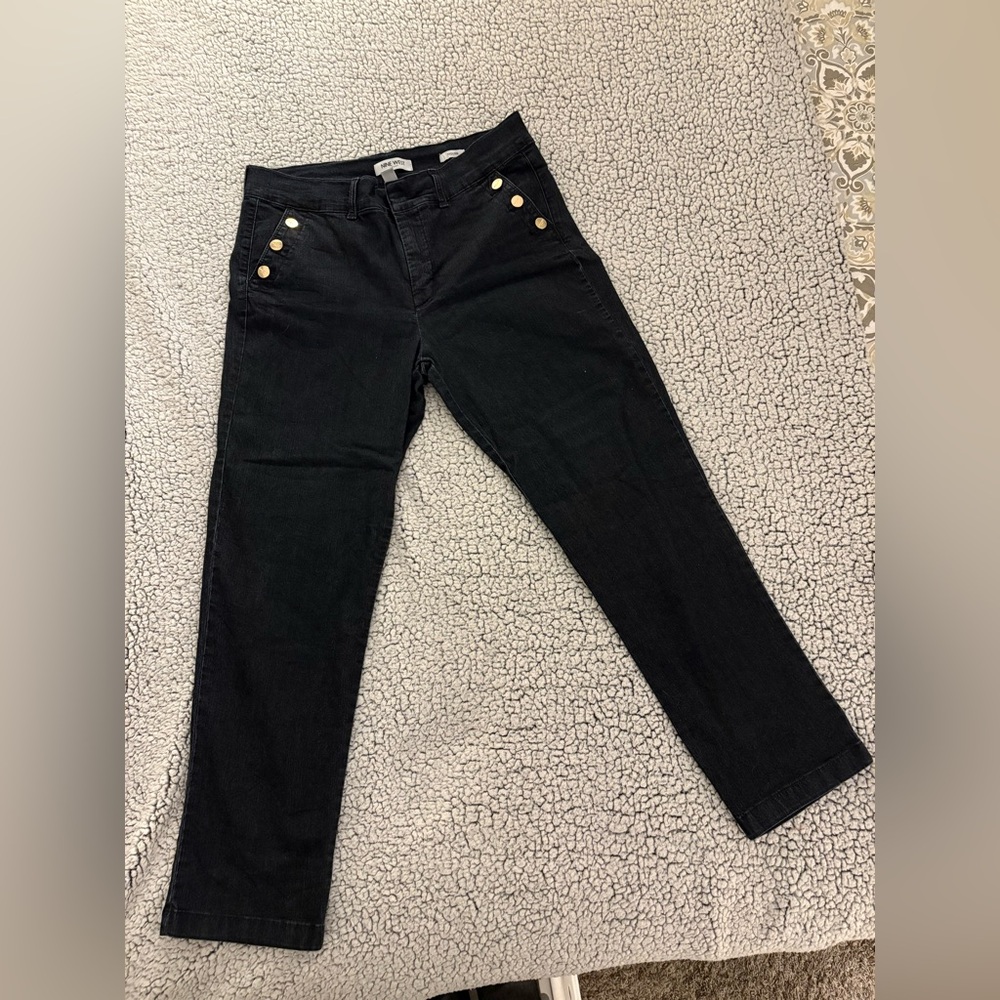 Nine West Black Boot Cut Trouser Jeans side pockets with gold button SZ 10